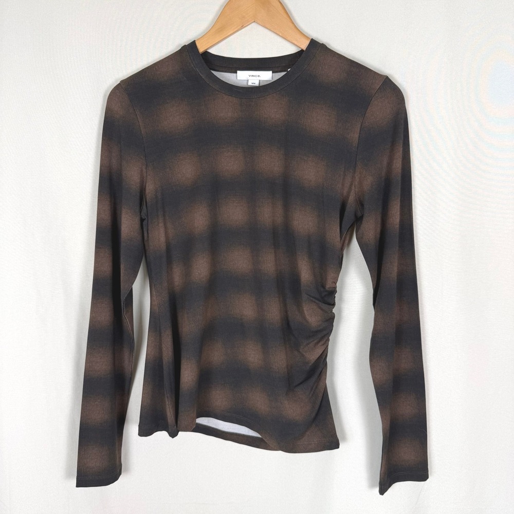 NWT Vince Deep Walnut Plaid Side Drape Long Sleeve Crew Knit Top Medium $165